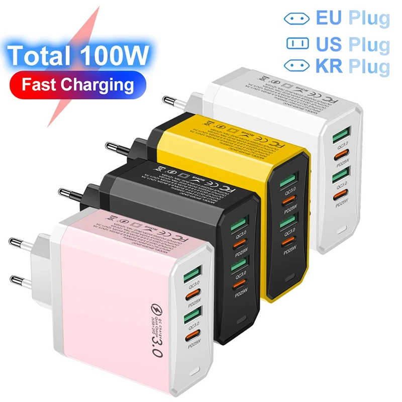 100W 4 in 1 Total 4 USB 2 Type C Quick Charging Fast Wall Charger For iPhone Samsung Xiaomi Huawei Oppo Mobile Phone Adapter New