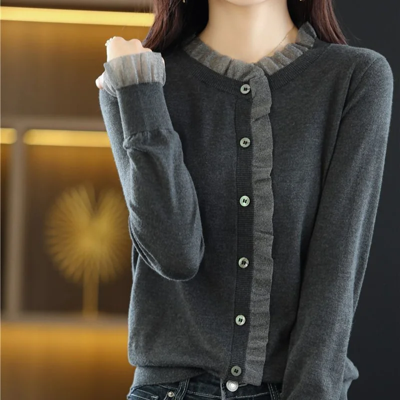 Korean Autumn Winter New Fashion Casual Pullover Sweater Women Solid Round Neck Button Lace Patchwork Long Sleeve Knit Top 2023