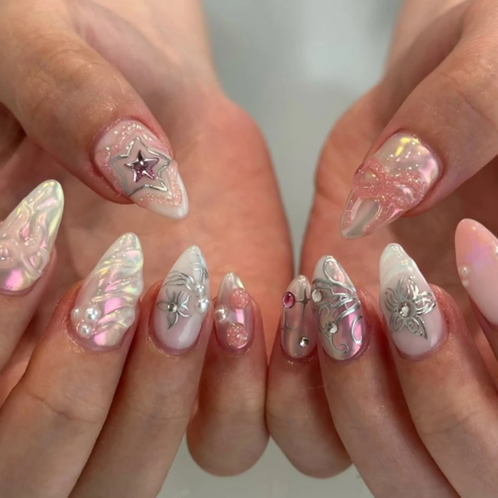 

Pink Glitter Powder Stars Bowknot Rhinestone Pearl Nail Art Y2K Silver Fake Nails Detachable Finished False Nails Press on Nails