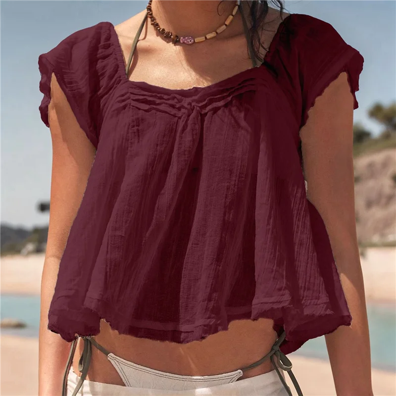 ASDS-chemisier bohème transparent en dentelle à manches courtes et volants sur le devant pour femme Y2k chemises boutonnées babydoll brodées