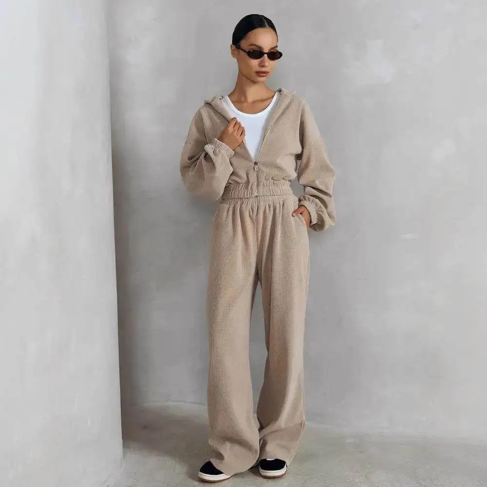 2025年新作 レディース カジュアル フード付き ロング丈 無地 セットアップ ゴムウエスト ワイドレッグパンツ 快適 通気性 おしゃれ