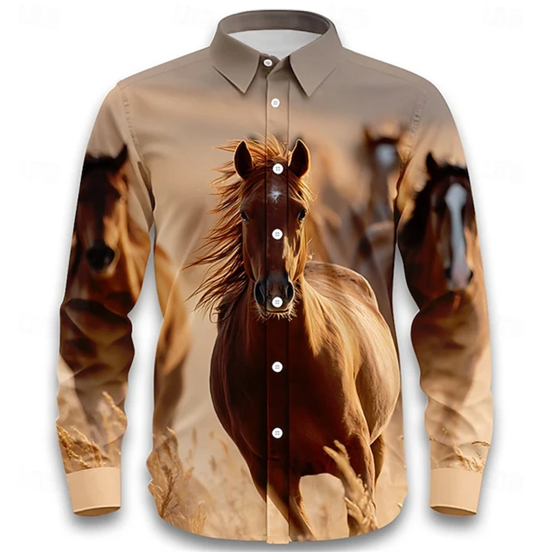 

Retro Men's Prairie Long-Sleeve Shirt Spring/Fall Fashion Horse Print Shirt Men's Loose-Fit Collared Button-Down Shirt 5XL