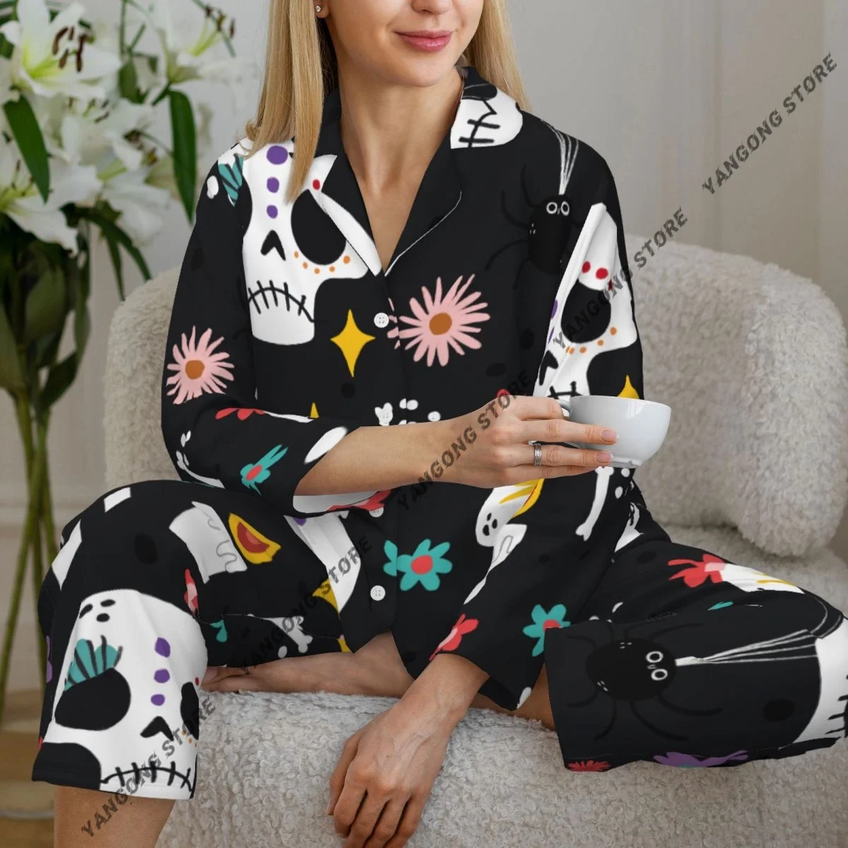 

Spring and Autumn Pajama Set Women's Long Sleeve Pants Two Piece Day Dead Pattern Home Furnishing Set
