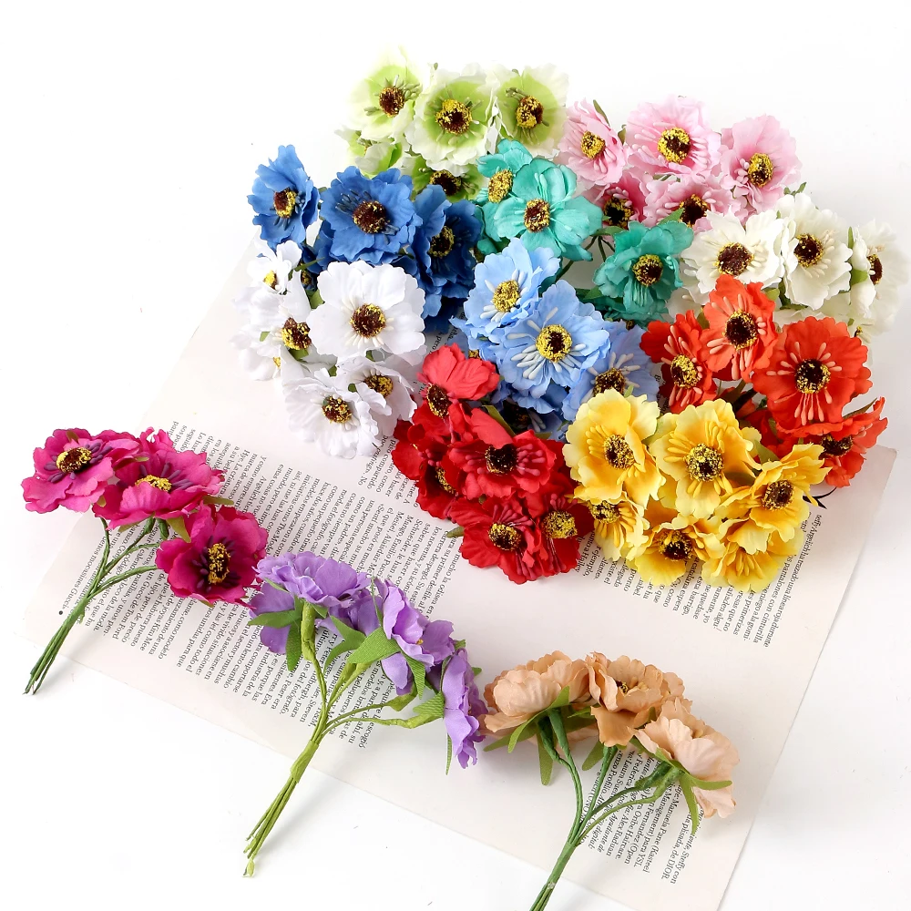 

6Pcs/lot Artificial Daisy Stamens Flowers Bouquet Fake Flowers For Home Decor Wedding Decoration Scrapbooking Craft Accessories