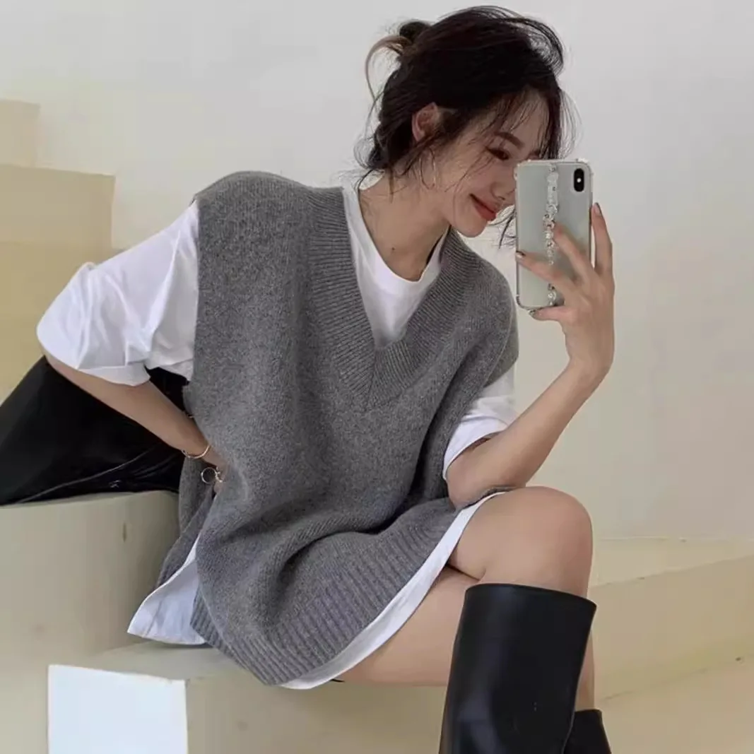 

Женский свободный вязаный жилет из чистой шерсти для осени и зимы, утепленный, с V-образным вырезом, для многослойного образа, модный, для повседневной носки