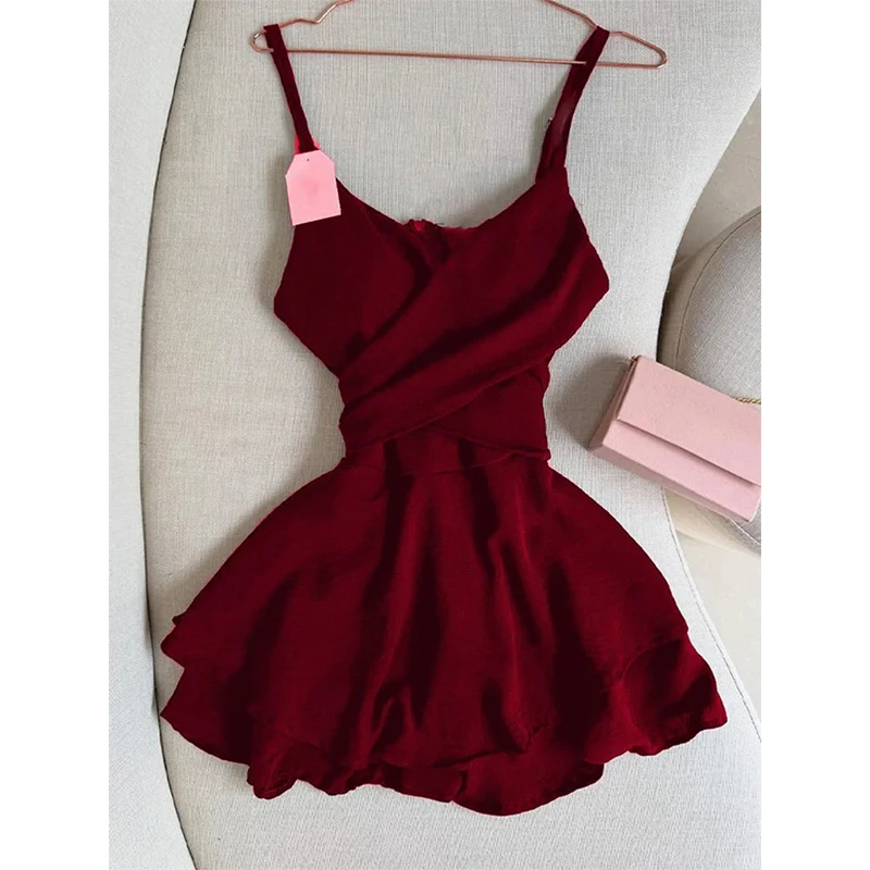 فستان قصير أحمر عتيق للنساء أنيق للحفلات الكشكشة السباغيتي حزام فساتين الصيف السيدات الكورية Bodycon تصميم ألف خط Vestidos
