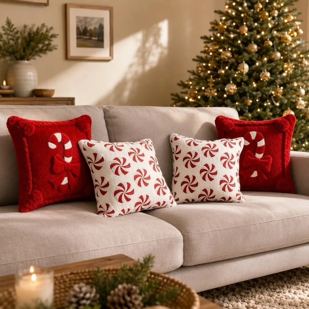 Gift Plush Christmas Pillow Cover Durable 18X18 Inches Throw Pillow Cover Candy Cane Bow Design Polyester Pillowcase Winter