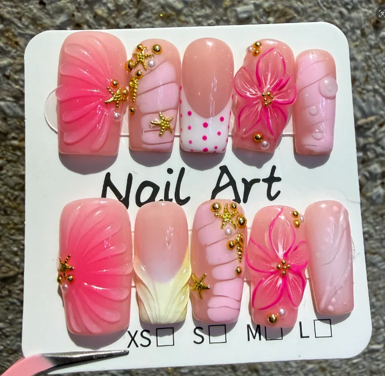 10Pcs Long Coffin Sweet Cool Handmade Nails Tips French Metal Rhinestone Stick on False Nails Shiny Stars Wearable Manicure Set