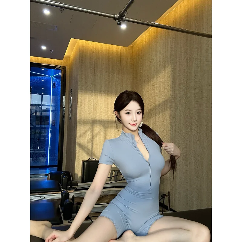 Sexy Fitness Training Suit Blue Zipper Overall Comfortable Sport Yoga Gymnastics High-Waist Short-Pants Polyester Fiber
