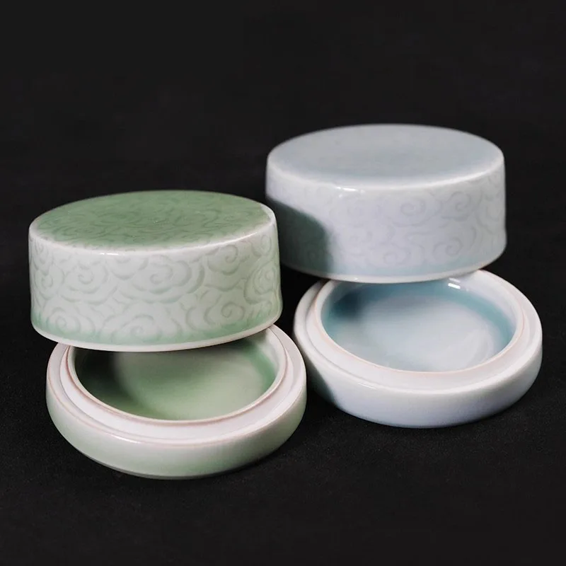 Cloud Pattern Ceramic Ink Pad Box, Chinese Scholar's Desk Organizer for Calligraphy Seal, Elegant Storage Case with Cloud Motif