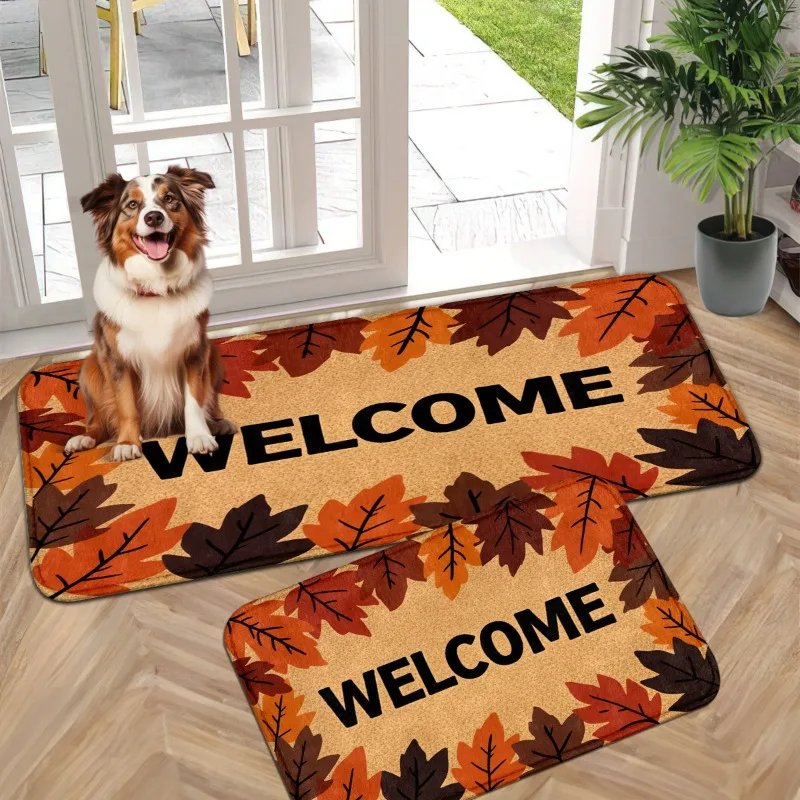 Retro Maple Leaf Welcome Floor Mat, Flannel Doormat, Non-slip and Stain-resistant Carpet By Bedroom Bedside
