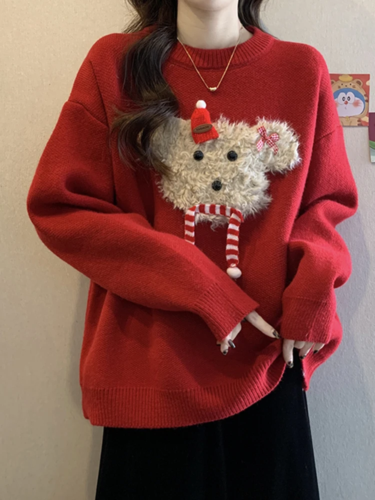 

Женский вязаный свитер Cisas Bear красного цвета: модный зимний топ, теплый, утолщенный, с длинными рукавами, круглым вырезом, повседневный трикотаж