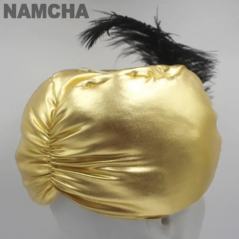 Cappello in oro brillante arabo indiano turbante Headwrap piuma etnica pieghettata uomini adulti vestiti del sultano copricapo cappelli Halloween