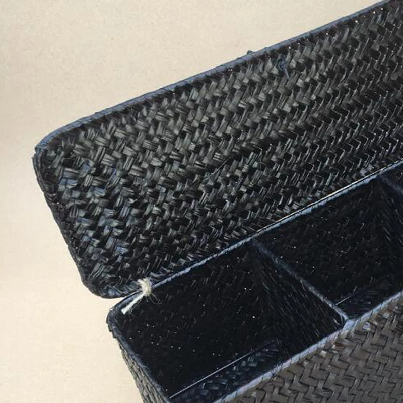 3 Compartment Storage Box Wicker Rattan Basket With Cover Sundries Holder Case Container Desktop Organizer