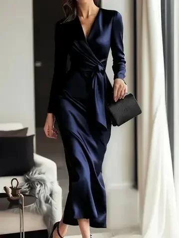 Damen-Wickelkleid mit V-Ausschnitt, Taillenband und langen Ärmeln für formelle Anlässe und Partys – Detail 9