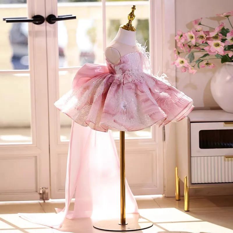 2026 Luxury Pink Flower Girl Dress Luxury Party Gown  Sleeveless Wedding Holiday Birthday Party Short Toddler Pageant Ball Gown