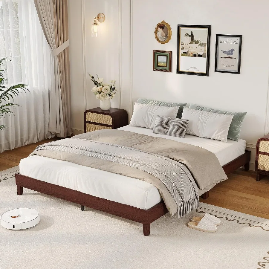 Queen Size Bed Frame, 9 Inch Natural Wood Platform Bed For Bedroom, Solid Wood Construction, Warm Brown Finish, No Box Spring N