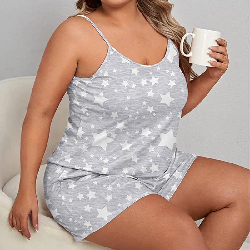 Plus size estrela impressão conjunto de pijama feminino sem mangas o pescoço colheita topo & cintura elástica shorts 2 peças feminino cinza pijamas