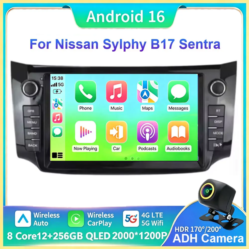 Android 16 Multimedia Navigation Car Radio Video Player GPS for Nissan Sylphy B17 Sentra 2012-2018 with ABS Black