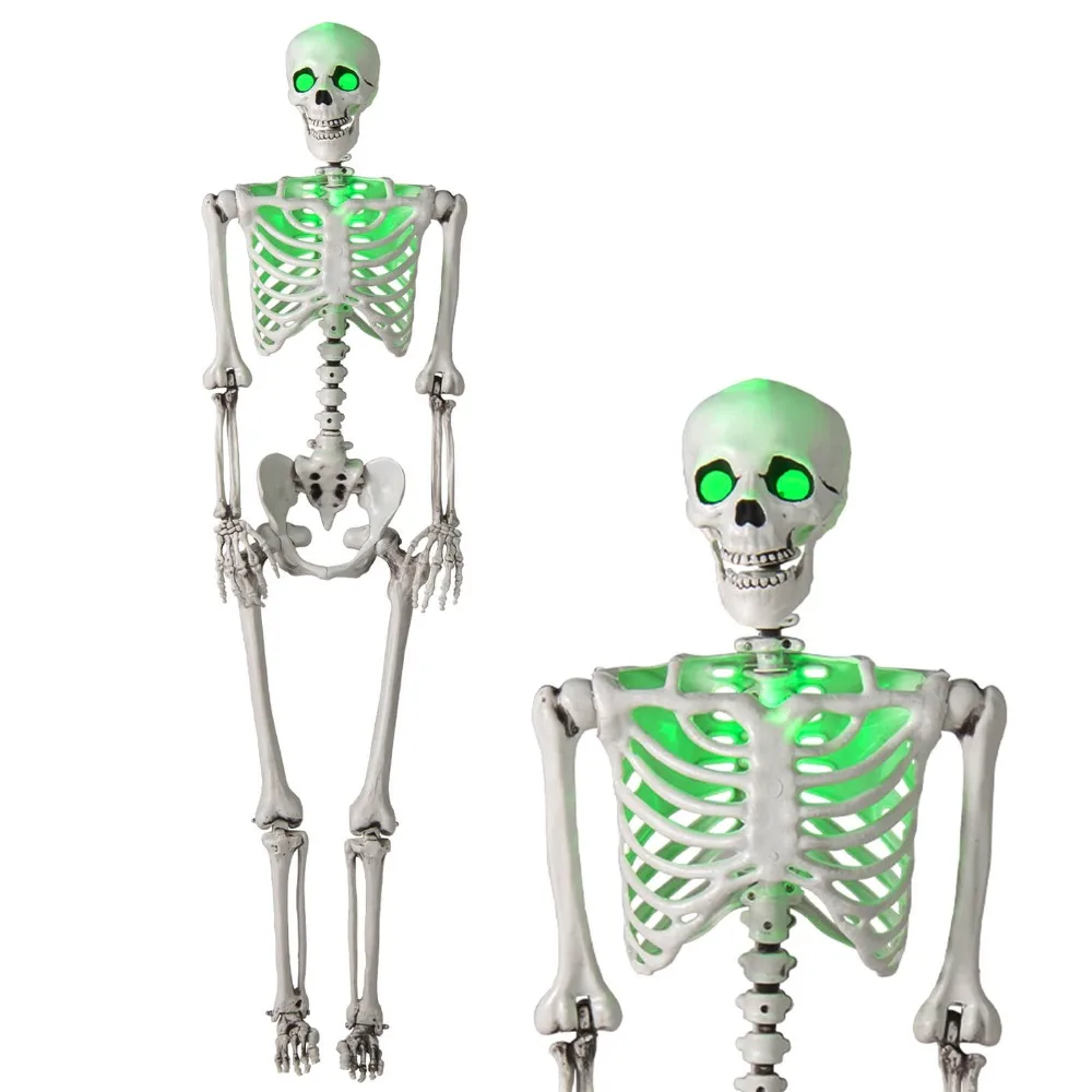 هيكل عظمي قابل للوضع للهالوين بالحجم الطبيعي مقاس 63 بوصة مع أضواء LED خضراء و8 مفاصل متحركة