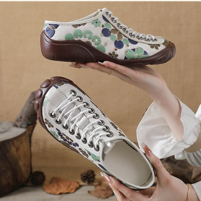 Genuine Leather Shoes for Women Flats Shoes Ballet Vintage Sneakers Floral Loafers Woman Anti Kick Shoes 2024 Comfortable Flats