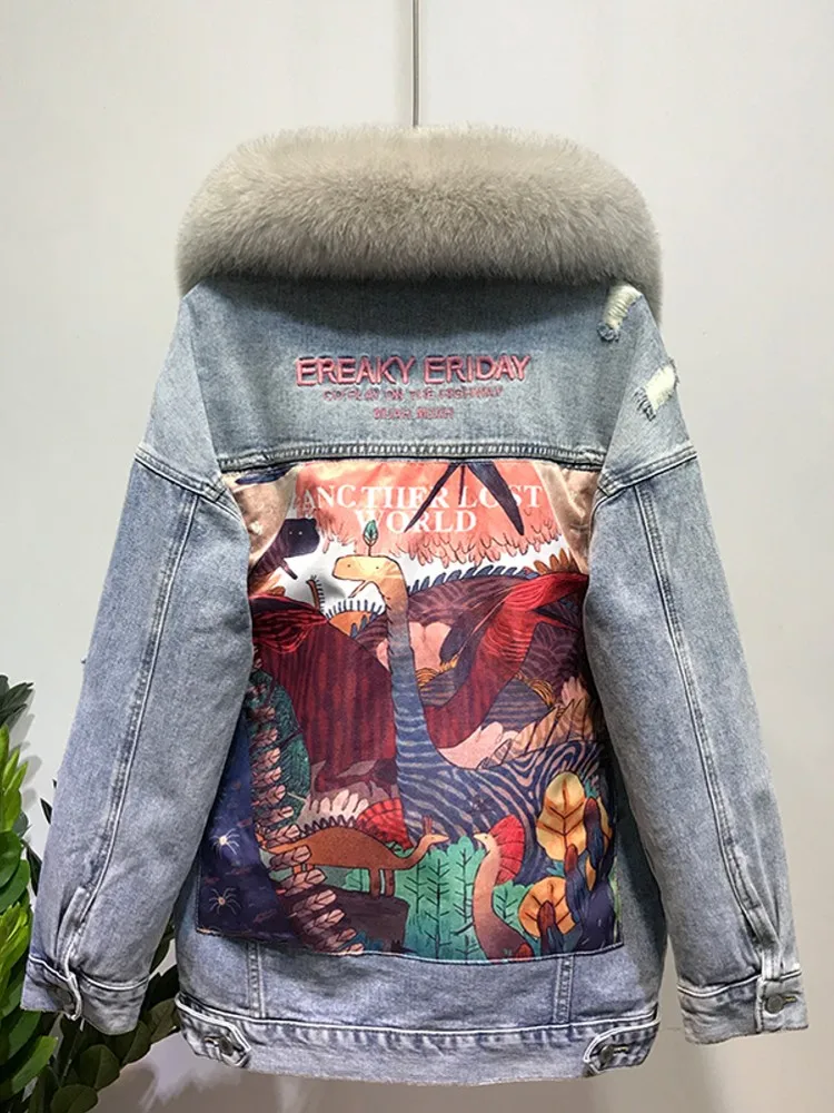 Winter Dikker Warme Vrouwen Vos Bontkraag Single Breasted Jas Wollen Voering Denim Bovenkleding Brede Taille Mid Lengte Vrouwelijke Jas