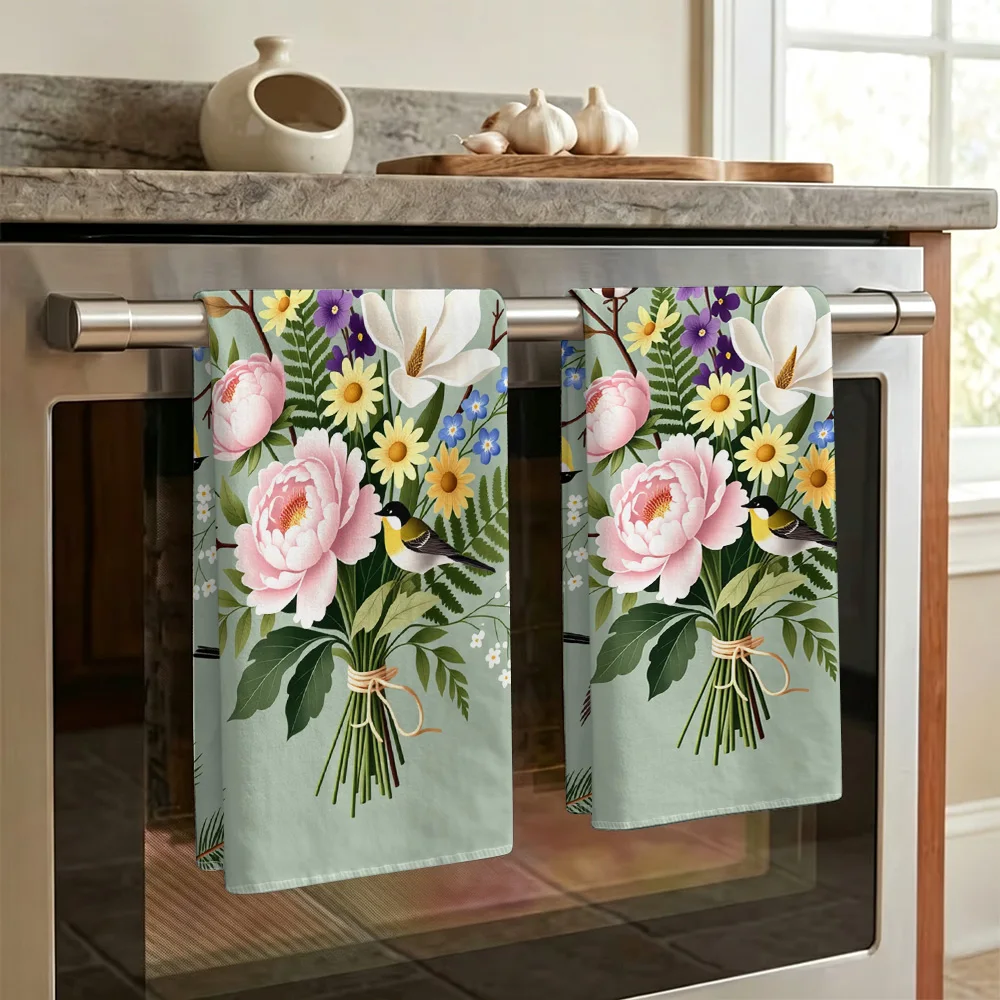 1pc/2pcs Flower and Bird Print Kitchen Towel-Super Absorbent, Reusable Polyester Dishcloths Perfect for Home Decor, Cooking, Bak