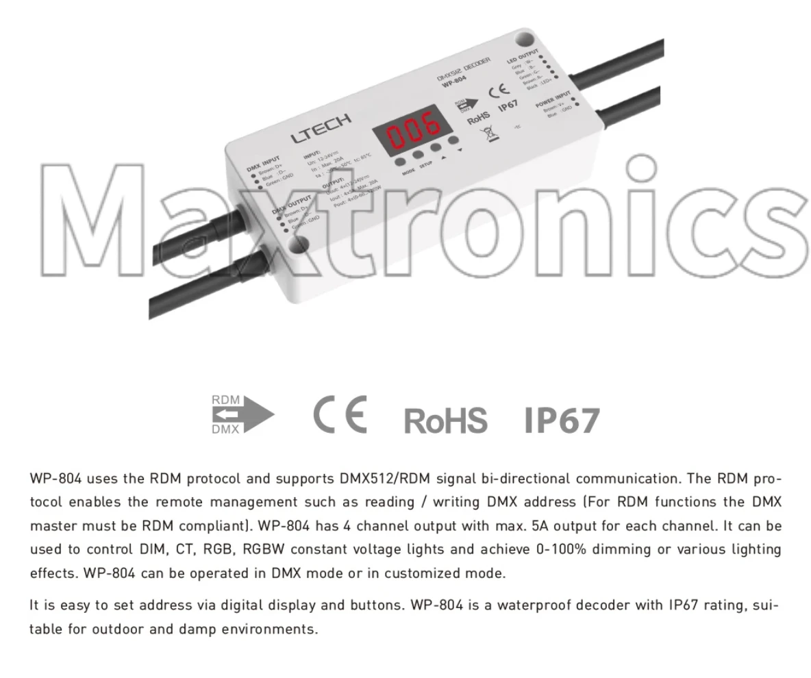 WP-804 LTECH IP67 Waterproof DMX512/RDM 4 Channel Constant Voltage Decoder DC12-24V 5A/CH 20A(4CH) OLED Display Screen for LED