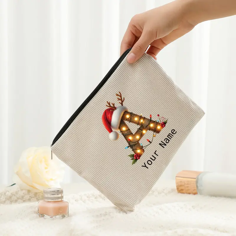 Custom Name Christmas Light Reindeer Antler Letter A-Z Corduroy Cosmetic Bag Portable Travel Makeup Pouch Storage Bag Xmas Gift