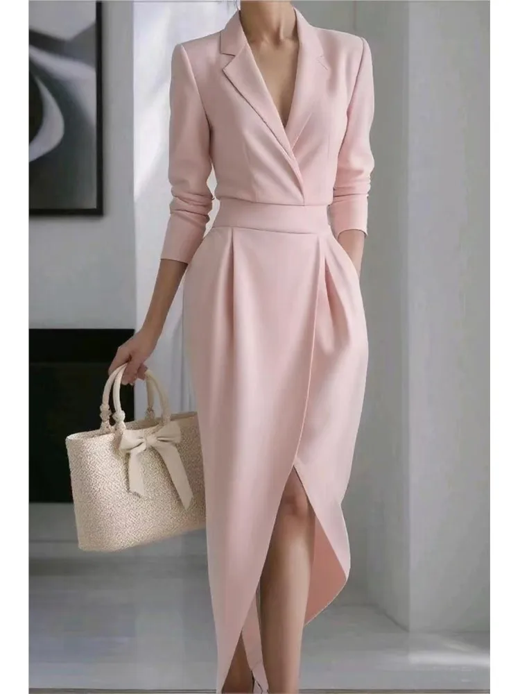 Elegant White Dresses Autumn And Winter New Fashion Suit Collar  Long-sleeved Solid Color Waisted Irregular Dress For Women Robe -  AliExpress 200000345
