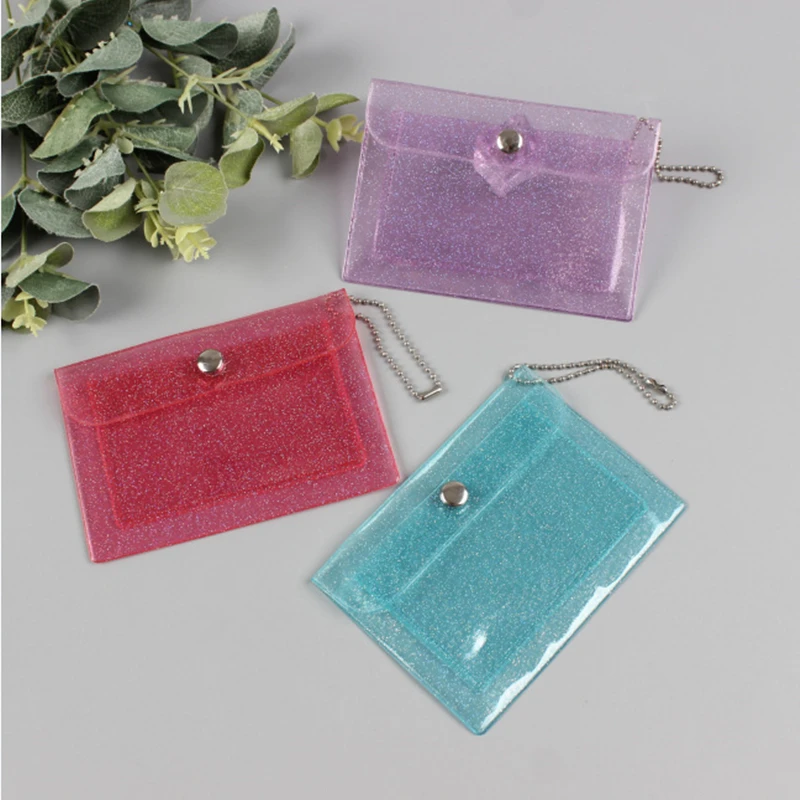 100pcs Fashion Glitter Transparent Coin Purse PVC Photo Card Wallet For Girls Clear Mini Hasp Change Pouch Keychain