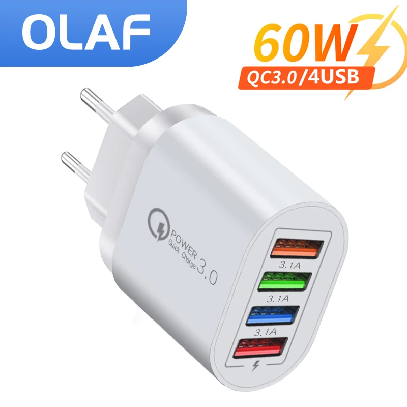 OLAF 4 Ports USB Charger Fast Charge QC 3.0 Wall Charger Adapter EU US UK Plug For iphone 14 13 Samsung Xiaomi  Adapter Travel