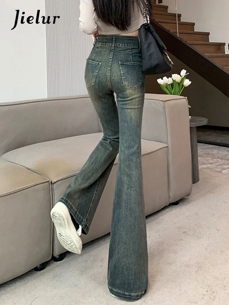 Jielur hohe Taille Vintage schlanke schicke Damen Jeans gerade Doppel knöpfe Mode weibliche Streetwear Taschen einfache Flare Hosen