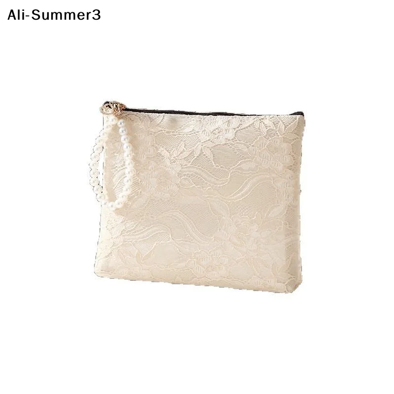 【YY】1Pc 2026 Lace Cosmetic Bag With Pearl Wrist Strap And Semi Transparent Design Perfect For Daily Makeup Storage Travel Use