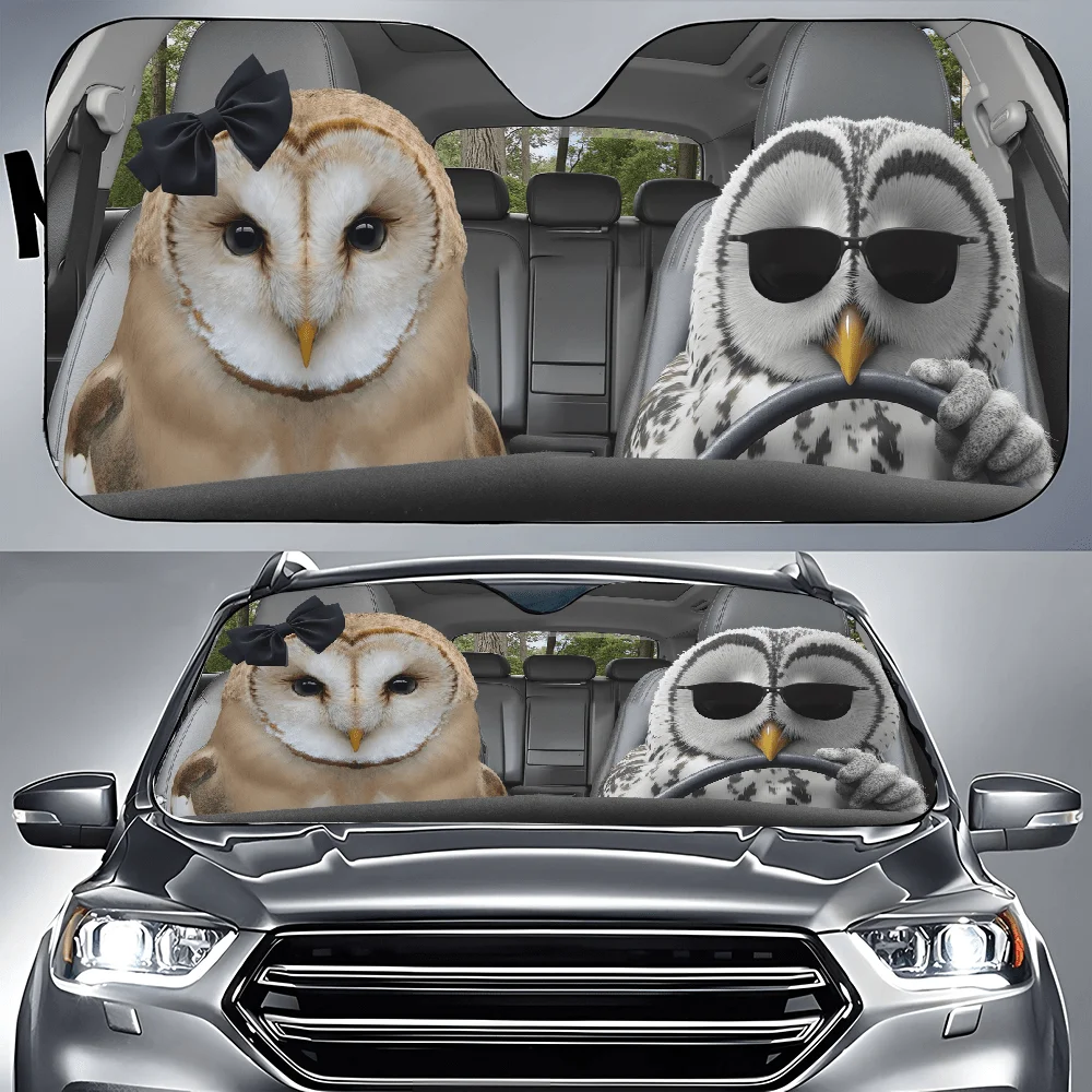 Couple Of Owls Sitting In The Back Seat Of A Car Car Auto Sunshades Car Sunshade, Front Window Sun Cover For Car, Auto Sunshade