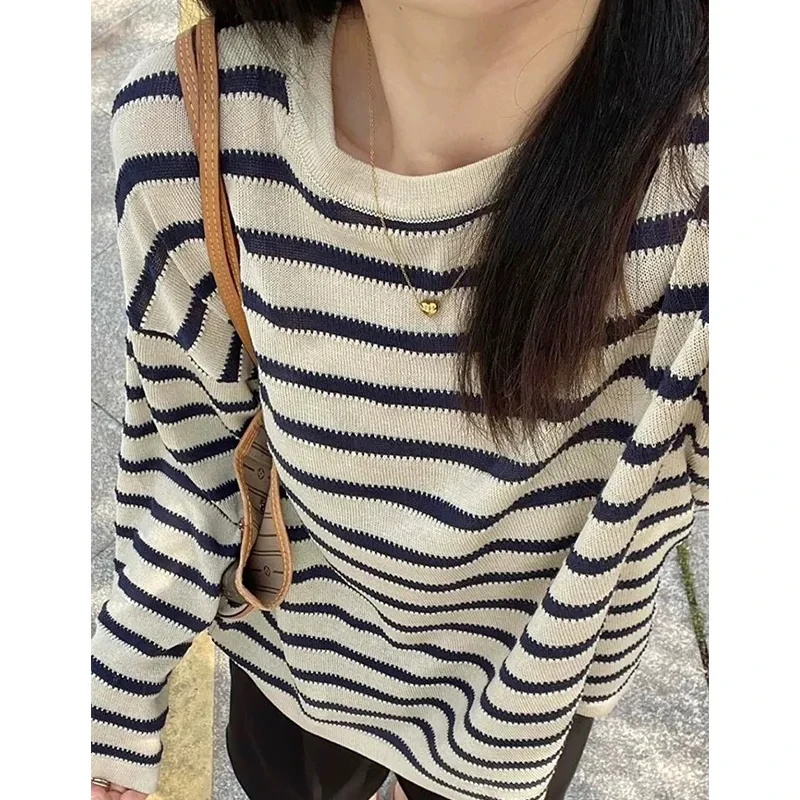 

Свободные корейские женские футболки 2025 Ropa Mujer, футболки с длинными рукавами и круглым вырезом, вязаные полосатые футболки для женщин, повседневные модные Camisetas