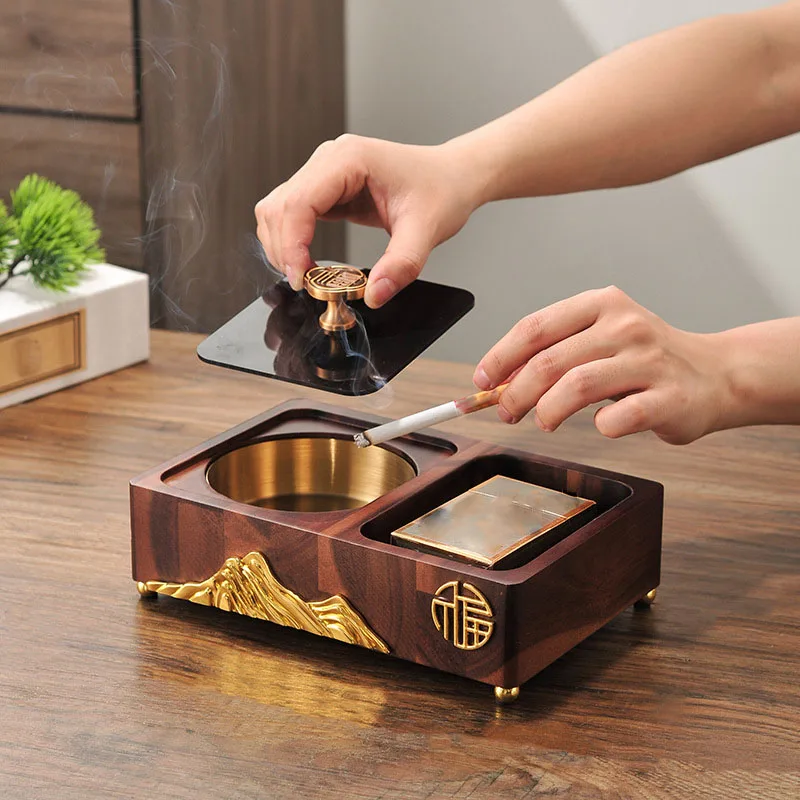 

Китайская пепельница большого размера из цельного дерева с крышкой, креативная ветрозащитная пепельница для дома, гостиной, многофункциональная пепельница высокого качества