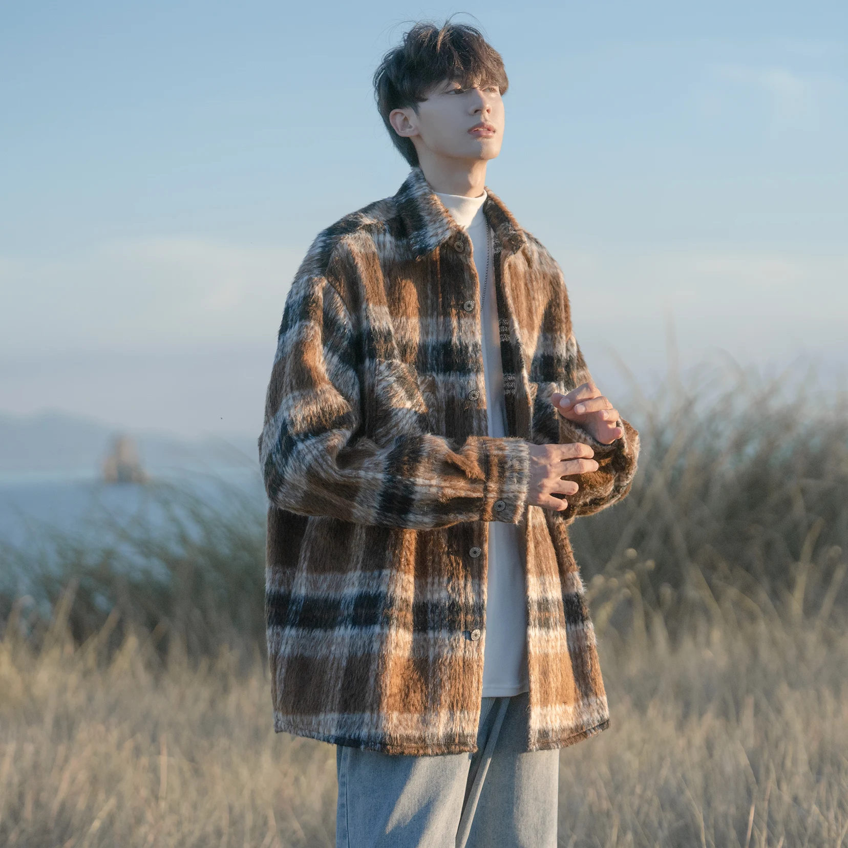 

Tweed Plaid Jaet Men's Loose Fit Spring Autumn Casual Faionable Brand Outerwear Youthful Vitali Sle Windproof