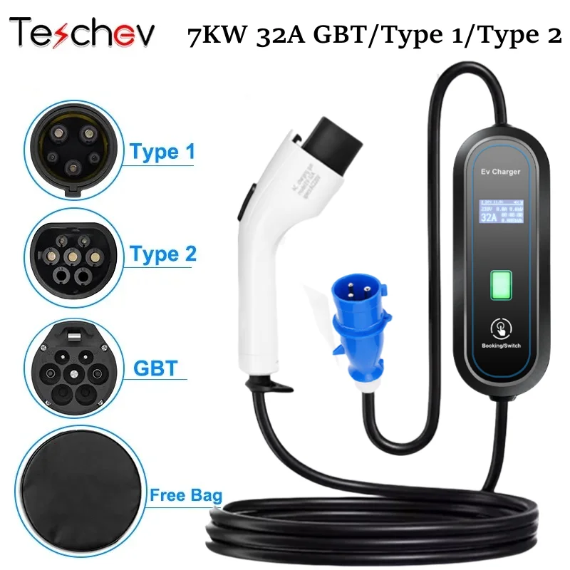 Teschev Level 2 EV Charger GBT/Type 1/Type 2 8A/10A/13A/16A/20A/24A/32A 1P 7KW Wallbox Cable 5m For Electric Vehicle China Cars