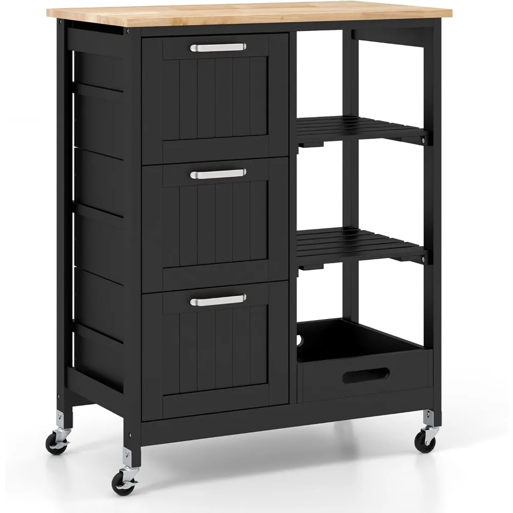 Kitchen Storage Island Cart on Wheels, Kitchen Rolling Trolley Cart with 3 Drawers and Shelves, 360° Wheels & Detachable Tray,