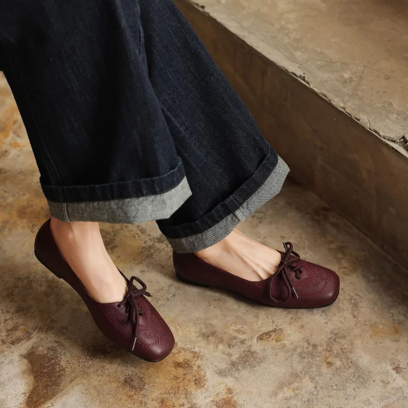 Women Vintage Embroidered Ballet Flats Square Toe Bow Lace‑Up Shoes Soft Foldable Slip‑On Loafers Casual Daily Walking Shoes - view 6