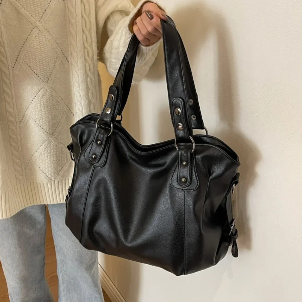 

Retro Soft Leather Hobo Bag, Large Black Shoulder Tote with Rivet Decor, Spacious Work Travel Purse for Ladies