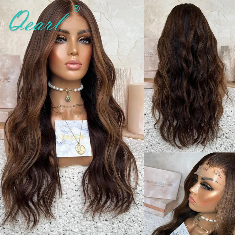 

Real Natural Hair Wig 100% Human Hair Full Lace wigs for Women Dark Brown Highlights 360 Lace Frontal Wig 30 inchs Wavy Qearl