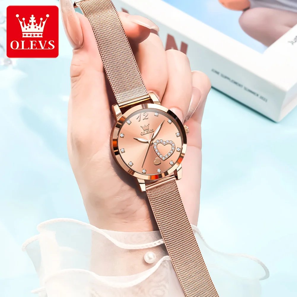 OLEVS 5189 Quartz Watch for Women Diamond Love Heart Design Fashion Elegant Rose Gold Mesh Steel Strap Waterproof Ladies Watches view 3
