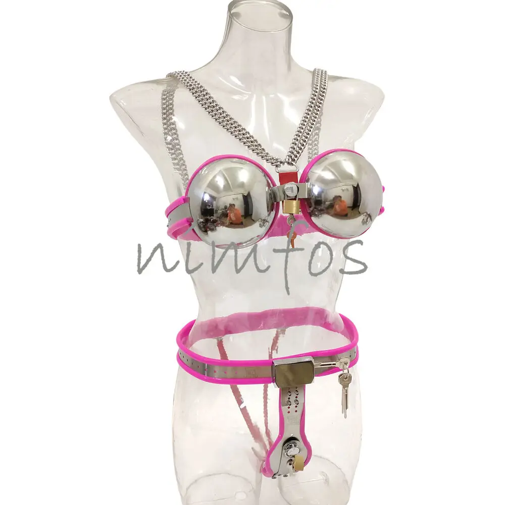 Feminino aço inoxidável Chastity Belt dispositivo com sutiã, coxa acessórios completos, brinquedos sexuais para as mulheres