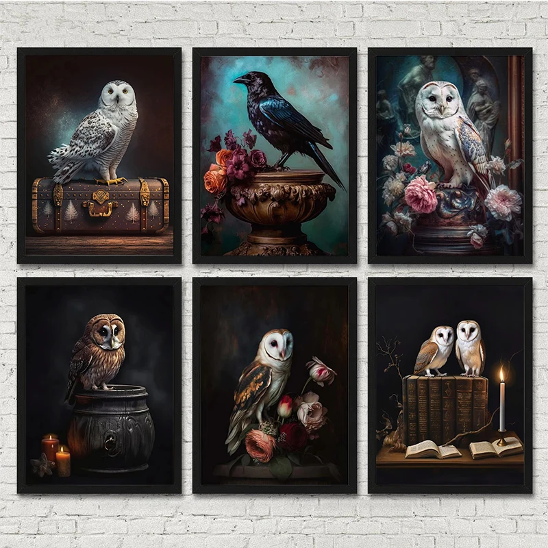 Black Raven and Magical Owl Vintage Wall Art Canvas Painting Botanical and Mysterious Creature Art Poster Print Home Decoration