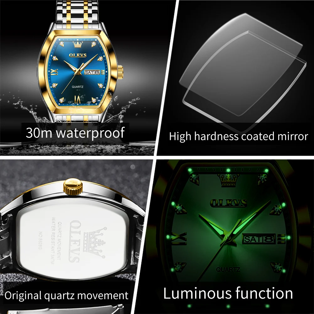 OLEVS 5528 Tonneau Dial Men's Quartz Watches Waterproof Luminous Dual Calendar Stainless Steel Man Watch Original Brand Watches