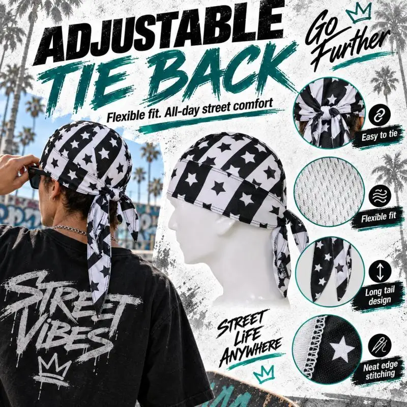 Black White Star Pirate Skull Cap, Tie Back Durag Head Wrap, Cycling Bandana for Men Women, Streetwear Headscarf