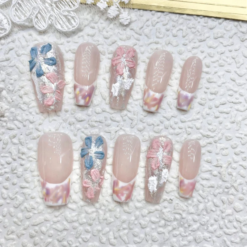 original Handmade  Purple Gentle Hand Painted Flower press on nails Halo Dyed  fake nails high-grade Middle length false nails