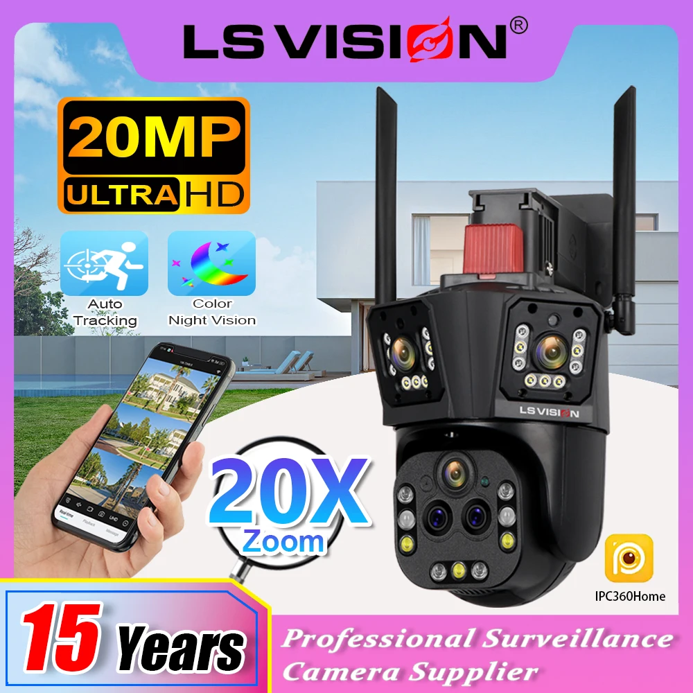 

LS VISION 20MP 20X Zoom Surveillance Camera 10K Three Screen WiFi IP Camera Auto Tracking CCTV Cameras Night VisionTwo Way Talk